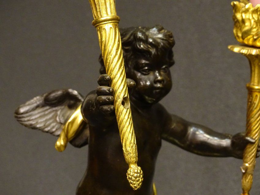 Pareja de candeleros franceses, bronce y mármol, S.XIX