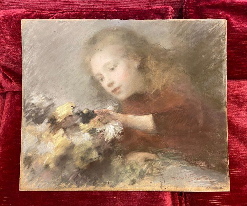 Magnífico pastel "Niña con flores", firmado por Armand Berton, S.XIX
