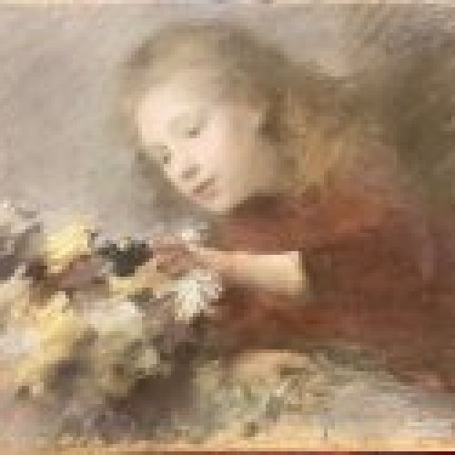 Magnífico pastel "Niña con flores", firmado por Armand Berton, S