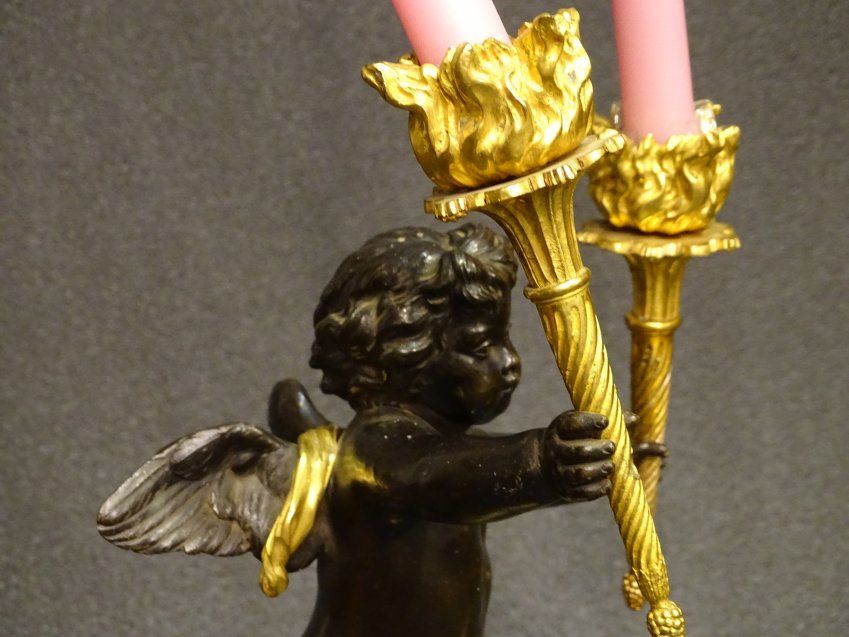 Pareja de candeleros franceses, bronce y mármol, S.XIX