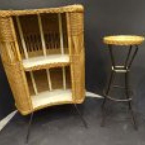 Mueble bar de madera, mimbre y forja, 60's   Francia