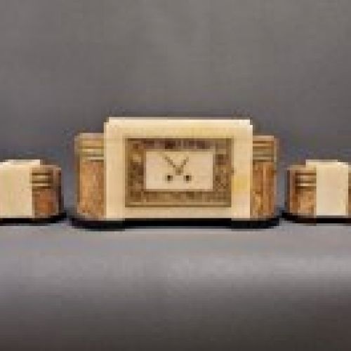 Reloj con guarnición Art Dèco, mármol y bronce, años 30 - Francia