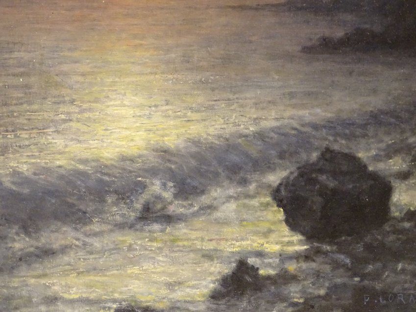 O/L "Anochecer en la playa", firmado P. Loras, 1921