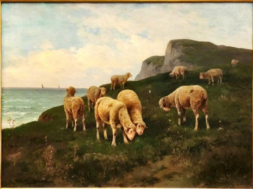 Óleo sobre lienzo , "Mouton sur la falaise"  Balliguant, Escuela Belga
