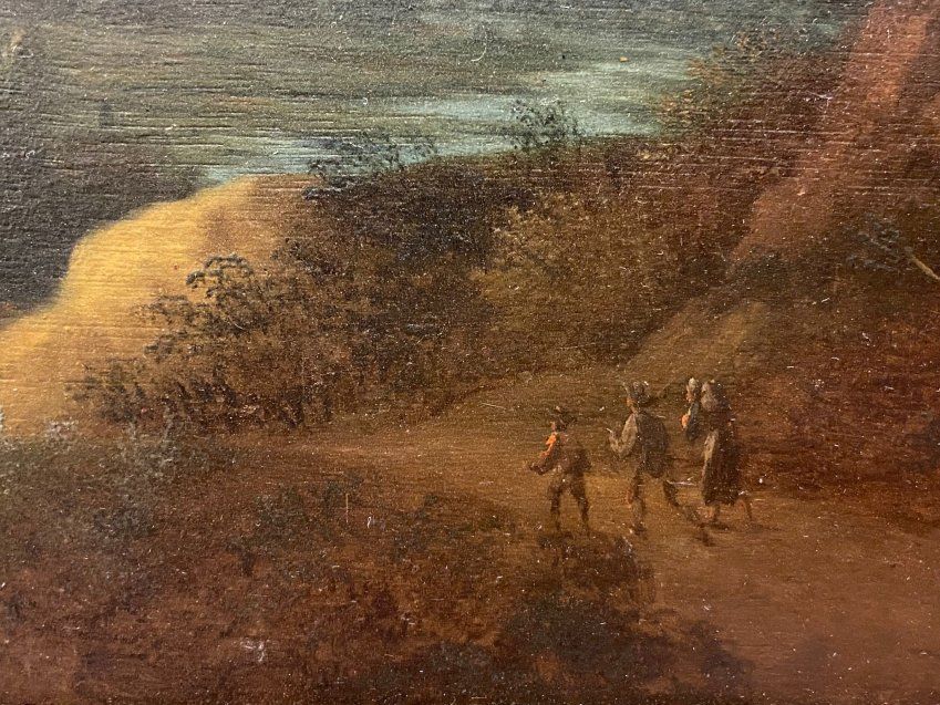 Óleo sobre tabla “Vista con viajeros”, Cornelisz Vroom (atribuido), Atelier de Paul Bril, s. XVI