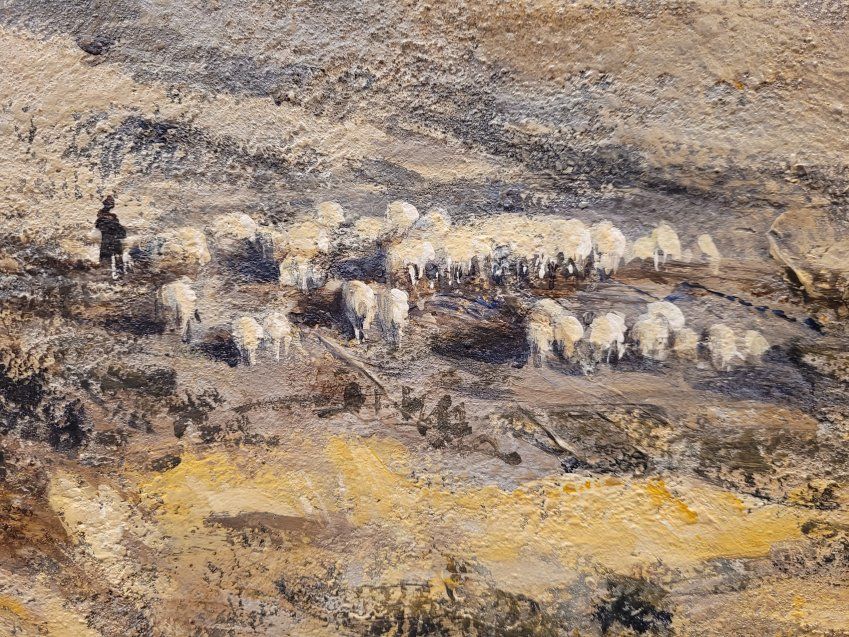 O/L "Paisaje con rebano de ovejas" 1990, Jesús Meneses (1922 – 2004)