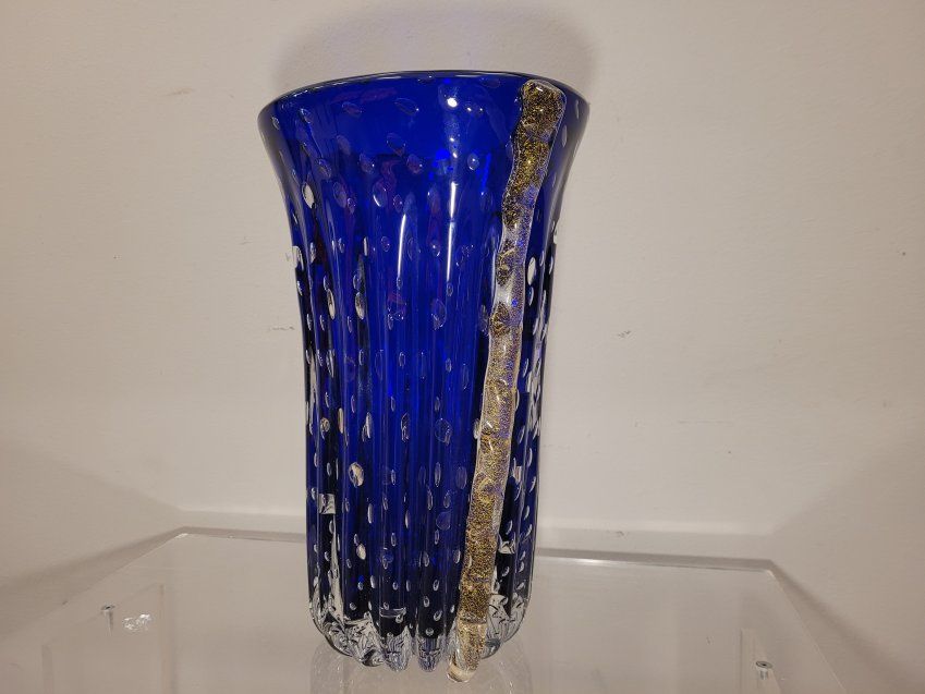 Pareja de jarrones cristal de murano soplado, azul intenso con polvo de oro