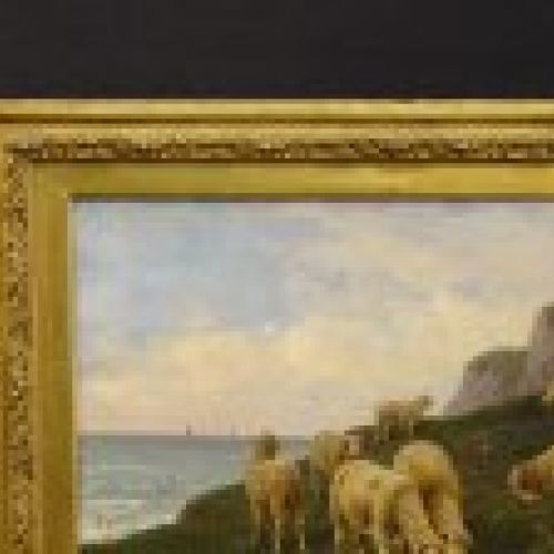 Óleo sobre lienzo , "Mouton sur la falaise"- Balliguant, Escuela Belga