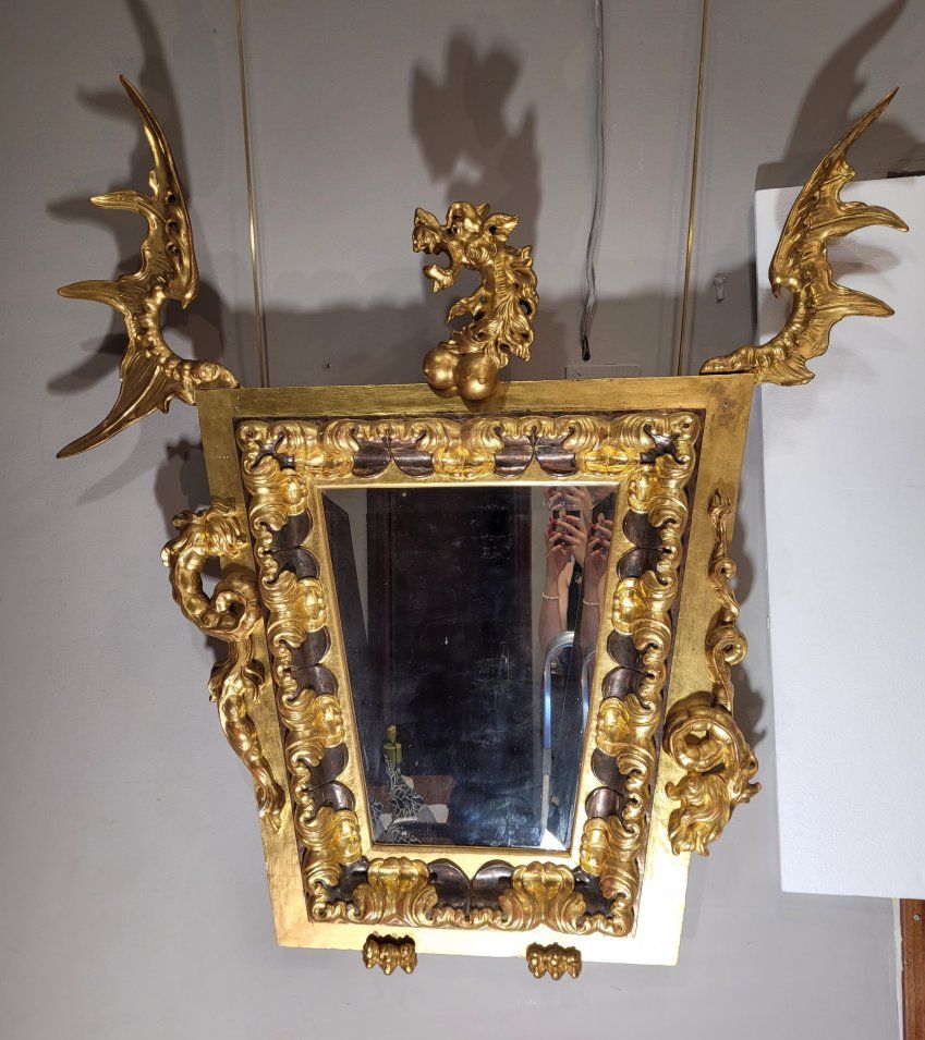 Espejo Dragón, madera dorada, modernismo, estilo Gabriel Viardot, 20´S   Francia