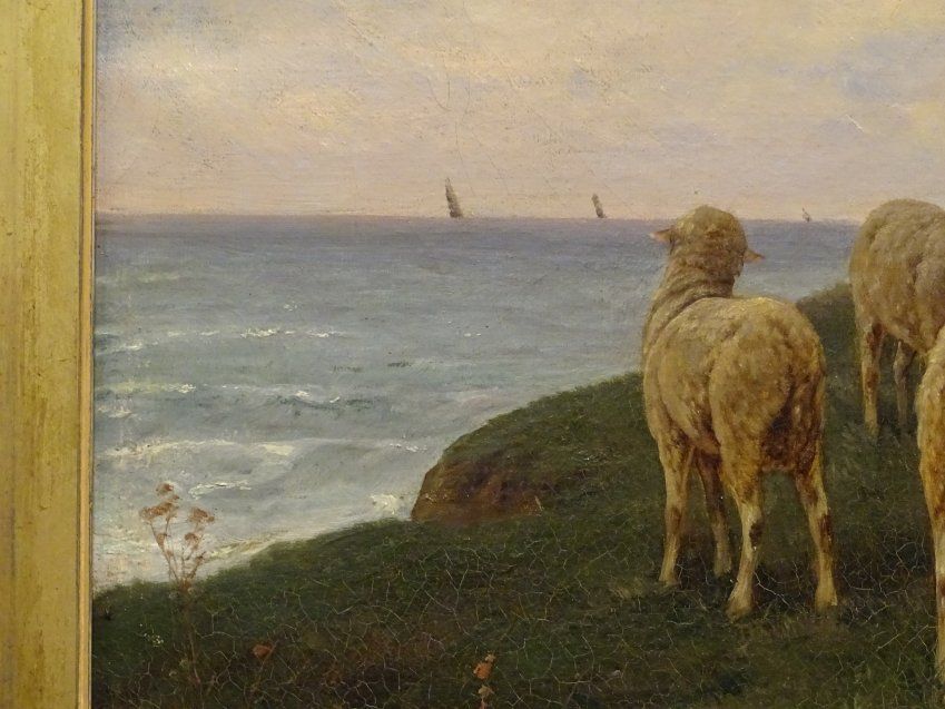 Óleo sobre lienzo , "Mouton sur la falaise"- Balliguant, Escuela Belga