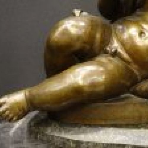 Escultura en bronce vaciado, "Niño flautista con tortuga", S