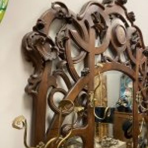 Espejo, perchero y paragüero, Art Nouveau francés, madera de nogal, bronce, cristal y plata