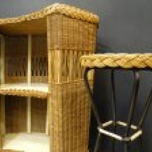 Mueble bar de madera, mimbre y forja, 60's   Francia