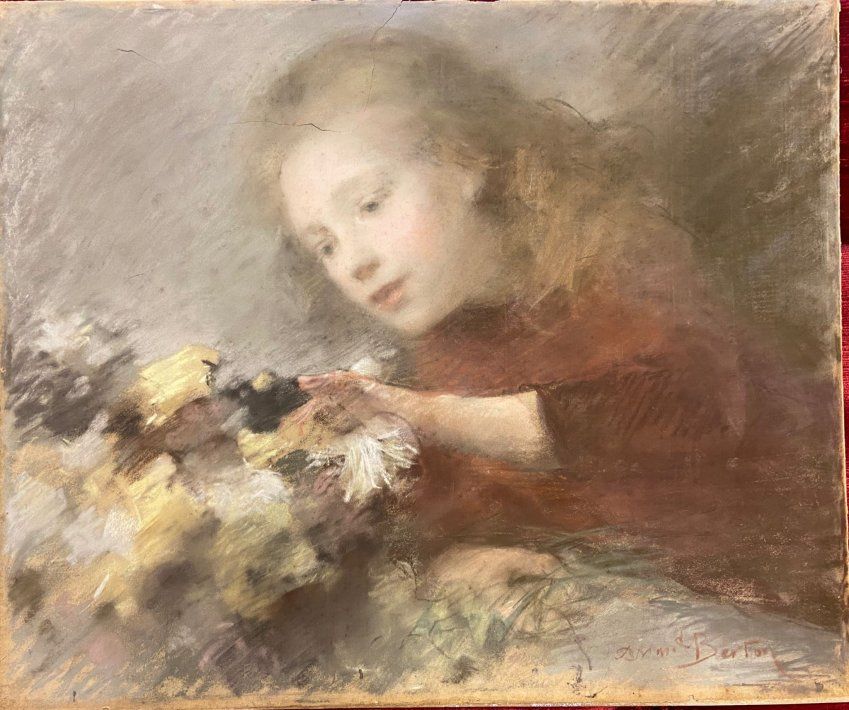 Magnífico pastel "Niña con flores", firmado por Armand Berton, S