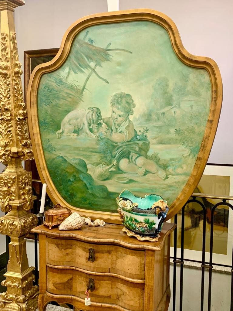 Óleo sobre lienzo en Verdalla francesa, Niño con perro, S. XIX