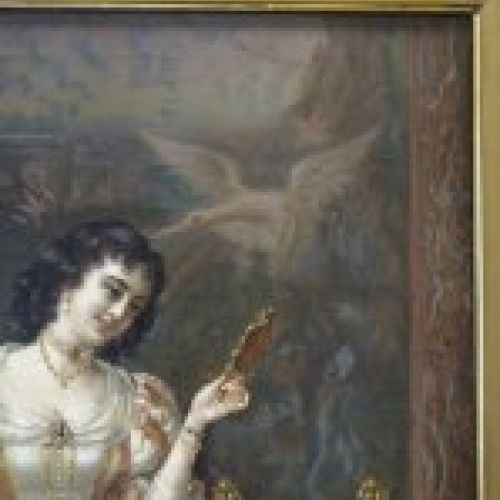 O/L "Retrato dama en interior" pintura costumbrista, s.XIX - Francia