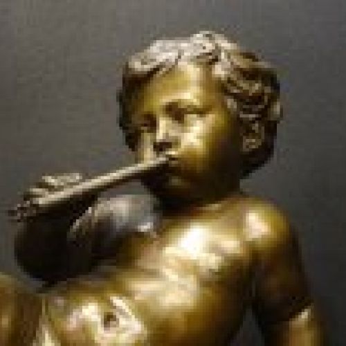 Escultura en bronce vaciado, "Niño flautista con tortuga", S. XIX