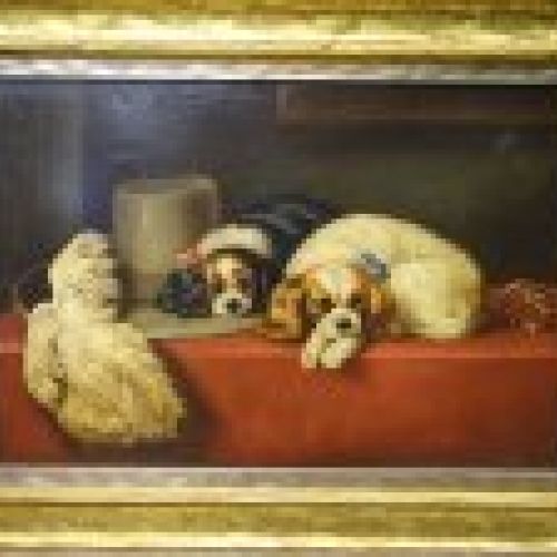 Óleo sobre lienzo "Cavalier King Dogs", maestro inglés S.XIX- firmado